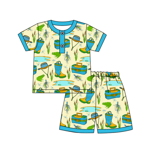 preorder BSSO1495 Fishing Toolbox Blue Green Short Sleeve Top Shorts Pajamas Sets Boys Boutique Outfits 202504