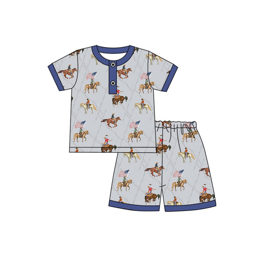 preorder BSSO1497 4th of July Horse Blue Purple Short Sleeve Top Shorts Pajamas Sets Boys Boutique Outfits 202504
