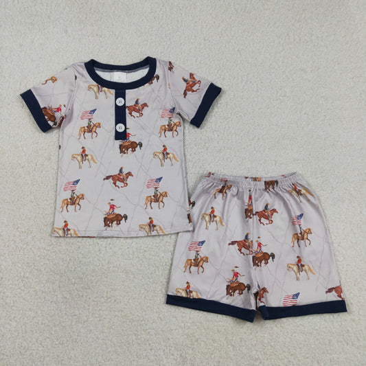 BSSO1497 4th of July Horse Blue Purple Short Sleeve Top Shorts Pajamas Boys Sets 202603 RTS
