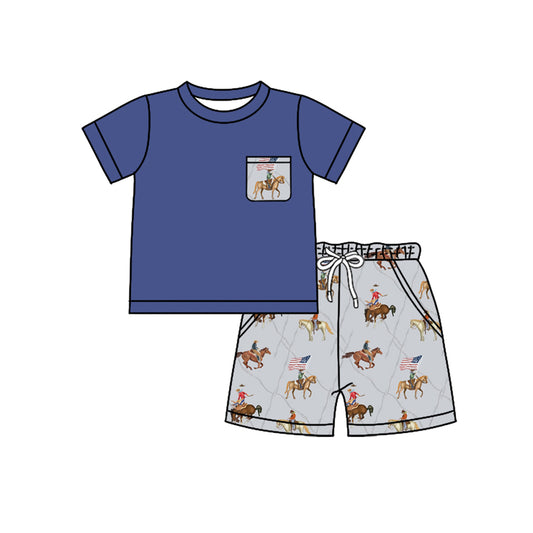 preorder BSSO1498 4th of July Pocket Horse Blue Purple Short Sleeve Top Shorts Sets Boys Boutique Outfits 202504
