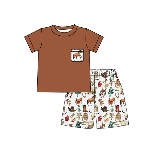 preorder BSSO1501 Horse Pocket Brown Short Sleeve Shorts Sets Boys Boutique Outfits 202504