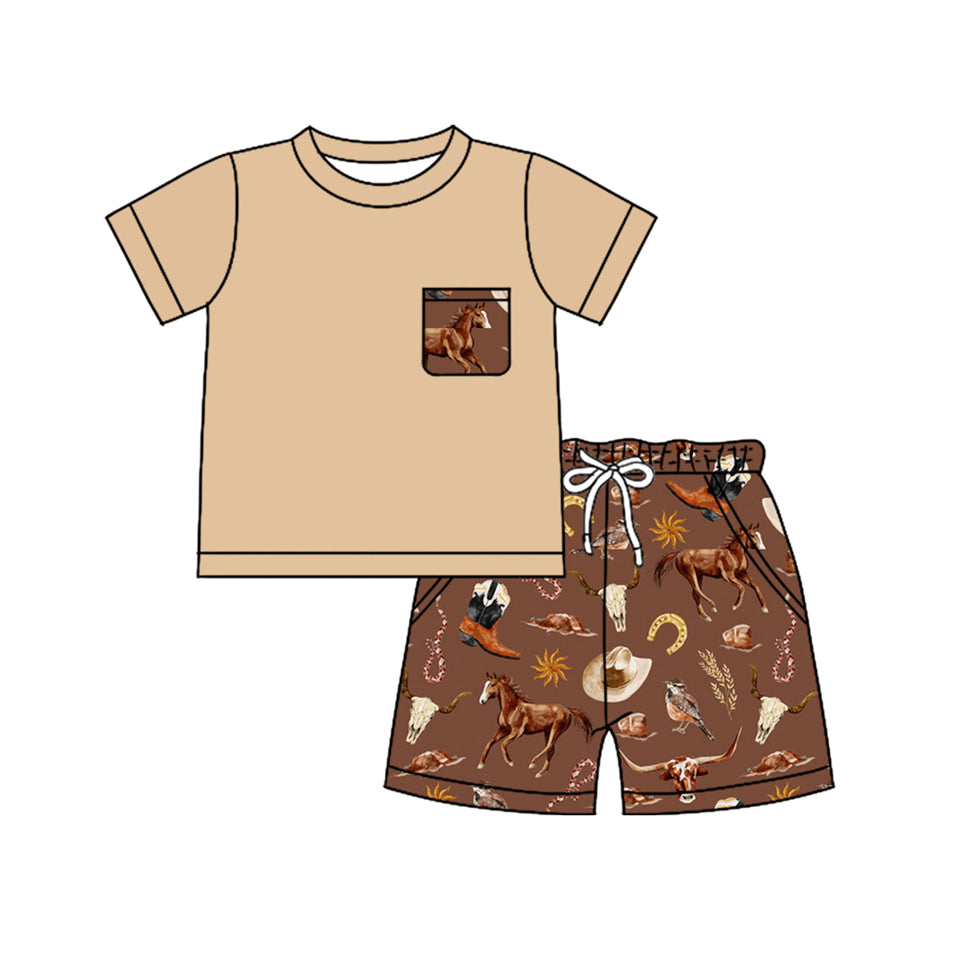 preorder BSSO1502 Horse Pocket Light Brown Short Sleeve Shorts Sets Boys Boutique Outfits 202504