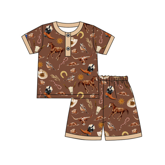 preorder BSSO1503 Horse Pocket Brown Short Sleeve Shorts Pajamas Sets Boys Boutique Outfits 202504