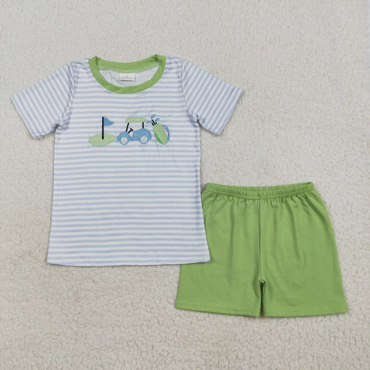 BSSO1504 Embroidered Golf Car Blue Green Stripe Short Sleeve Shorts Sets Boys Boutique Outfits 202507 RTS