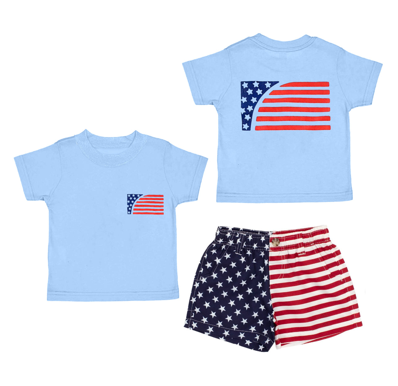 preorder BSSO1506 4th of July Flag Sky Blue Short Sleeve Star Stripe Denim Shorts Sets Boys Boutique Outfits 202504