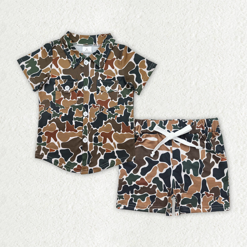 BSSO1512 Brown Green Camo Polo Short Sleeve Shorts Sets Boys Boutique Outfits 202504 RTS