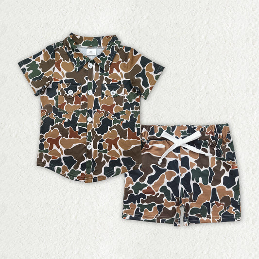 BSSO1512 Brown Green Camo Polo Short Sleeve Shorts Sets Boys Boutique Outfits 202504 RTS