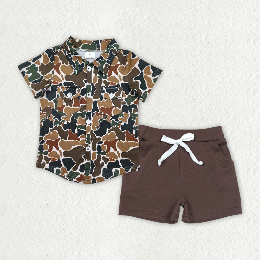 BSSO1513 Brown Green Camo Polo Short Sleeve Brown Shorts Sets Boys Boutique Outfits 202504 RTS