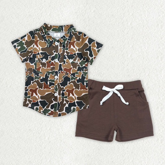 BSSO1513 Brown Green Camo Polo Short Sleeve Brown Shorts Sets Boys Boutique Outfits 202504 RTS