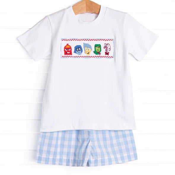 preorder BSSO1516 Cartoon White Short Sleeve Blue Plaid Shorts Sets Boys Boutique Outfits 202504