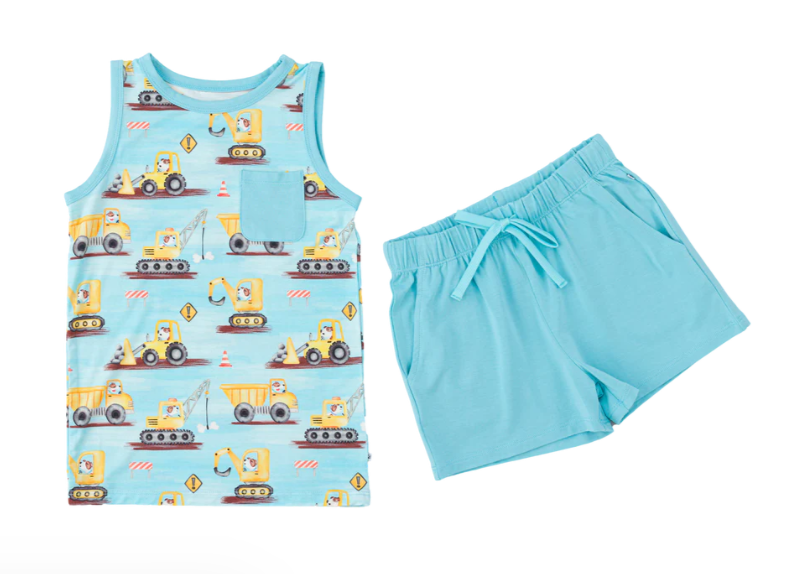 preorder BSSO1519 Trucks Blue Green Sleeveless Shorts Sets Boys Boutique Outfits 202504