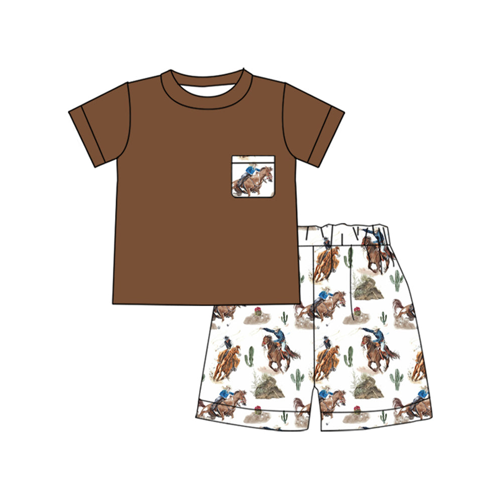 preorder BSSO1520 Rodeo Horse Cactus Pocket Brown Short Sleeve Shorts Sets Boys Boutique Outfits 202504
