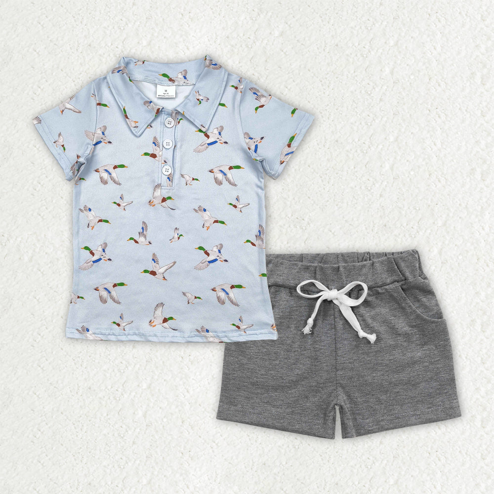 BSSO1523 Duck Hunting Clothes Grey Blue Polo Short Sleeve Grey Shorts Sets Boys Boutique Outfits 202504 RTS