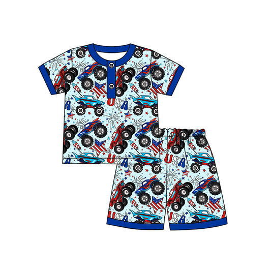 preorder BSSO1525 4th of July Car Star Fireworks Navy Blue Short Sleeve Shorts Sets Boys Boutique Outfits 202504