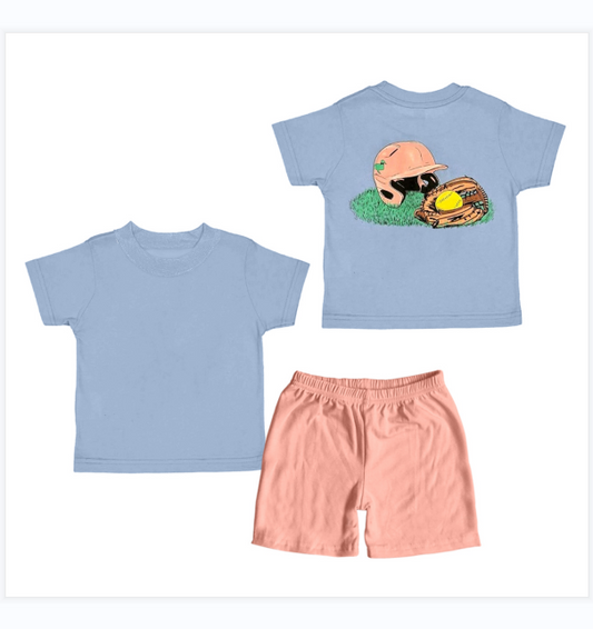 preorder BSSO1526 Softball Hat Blue Short Sleeve Orange Shorts Sets Boys Boutique Outfits 202504