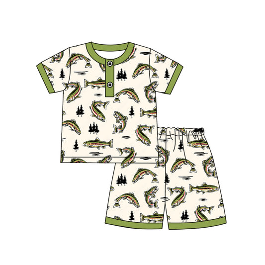preorder BSSO1528 Fish Beige Green Short Sleeve Shorts Pajamas Sets Boys Boutique Outfits 202504