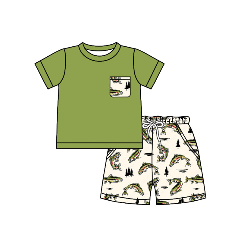 preorder BSSO1529 Fish Pocket Beige Green Short Sleeve Shorts Sets Boys Boutique Outfits 202504