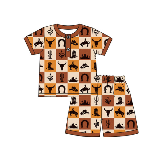 preorder BSSO1530 Cattle Horse Rodeo Brown Plaid Short Sleeve Shorts Pajamas Sets Boys Boutique Outfits 202504
