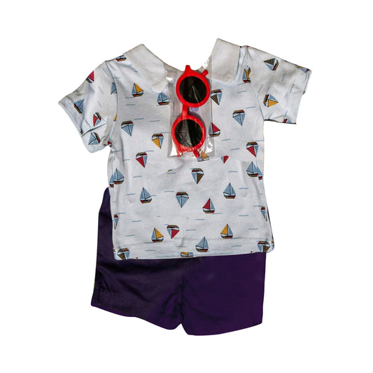 preorder BSSO1532 Sailboat White Purple Short Sleeve Shorts Sets Boys Boutique Outfits 202505