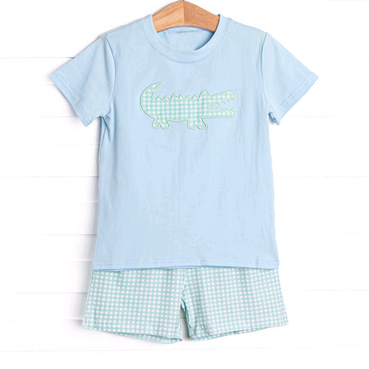 preorder BSSO1534 Crocodile Blue Short Sleeve Green Plaid Shorts Sets Boys Boutique Outfits 202505
