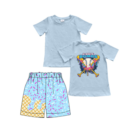 preorder BSSO1535 Bombs Baseball Light Blue Short Sleeve Waffle Ice Cream Shorts Sets Boys Boutique Outfits 202505