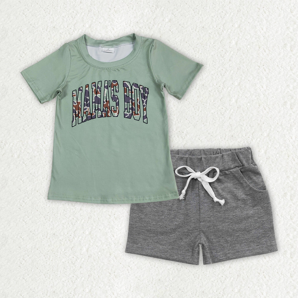 BSSO1542 mama's boy camo letter green short sleeve grey shorts sets boys boutique outfits 202506 RTS