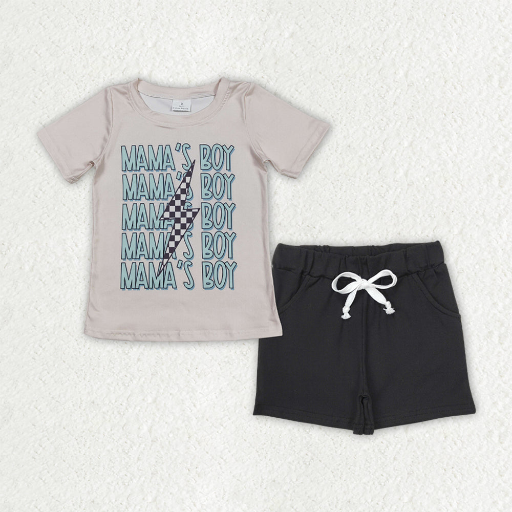 BSSO1543 mama's boy light beige short sleeve black shorts sets boys boutique outfits 202506 RTS