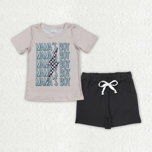 BSSO1543 mama's boy light beige short sleeve black shorts sets boys boutique outfits 202506 RTS