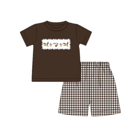 preorder BSSO1545 Duck Hunting Brown Short Sleeve Plaid Shorts Set Boys Boutique Outfits 202506
