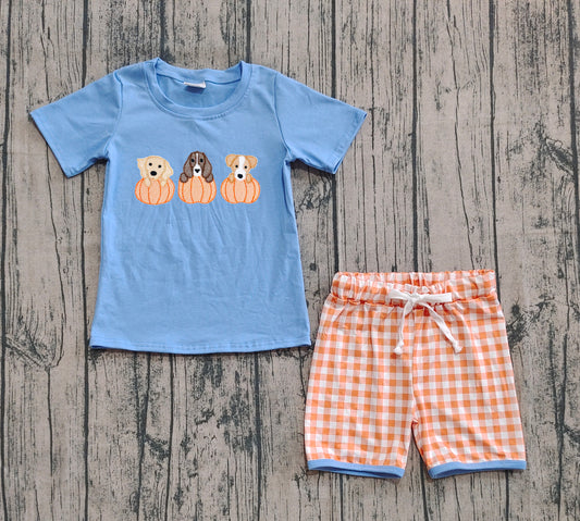 BSSO1547 Embroidered Puppy Pumpkin Blue Short-Sleeved Plaid Shorts Boys Set 202509 RTS