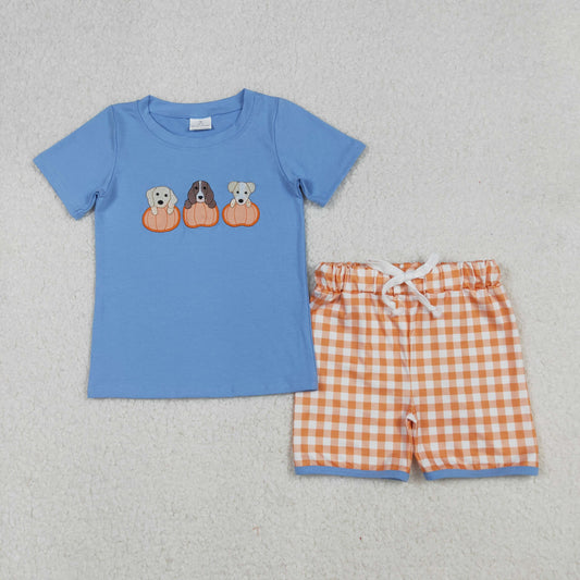 BSSO1547 Embroidered Puppy Pumpkin Blue Short-Sleeved Plaid Shorts Boys Set 202509 RTS