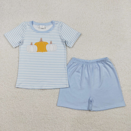 BSSO1548 Pumpkin Blue Stripe Short-Sleeved Shorts Boys Set 202510 RTS