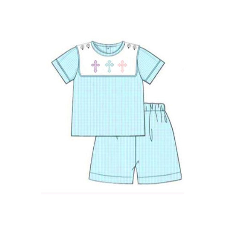 MOQ 8 Preorder BSSO1550 Easter Cross Short Sleeves Shorts Boys Set 202509