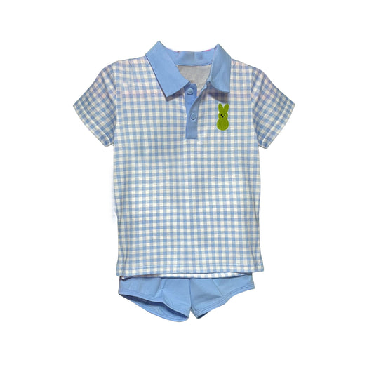 MOQ 8 Preorder BSSO1551 Easter Bunny Sky Blue Plaid Polo Short Sleeves Shorts Boys Set 202509