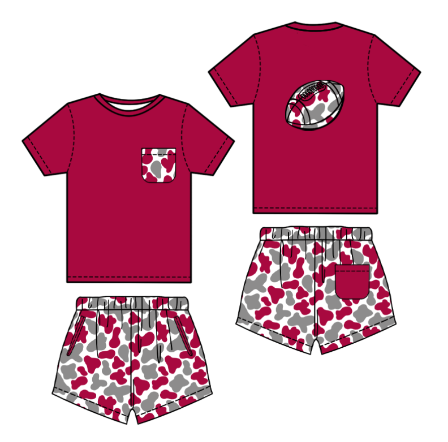 MOQ 8 Preorder BSSO1553 Cowboy Leopard Rugby Pocket Dark Red Short Sleeves Shorts Boys Set 202510