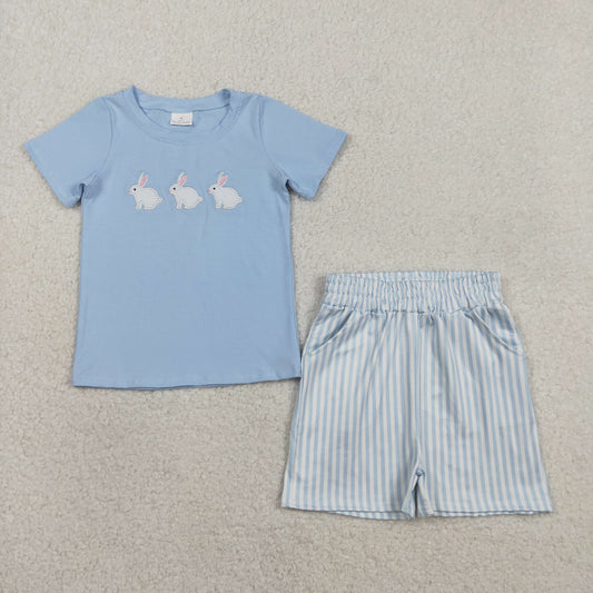 BSSO1560 Embroidered Three Rabbits Easter Blue Short Sleeves Stripe Shorts Boys Sets 202601 RTS