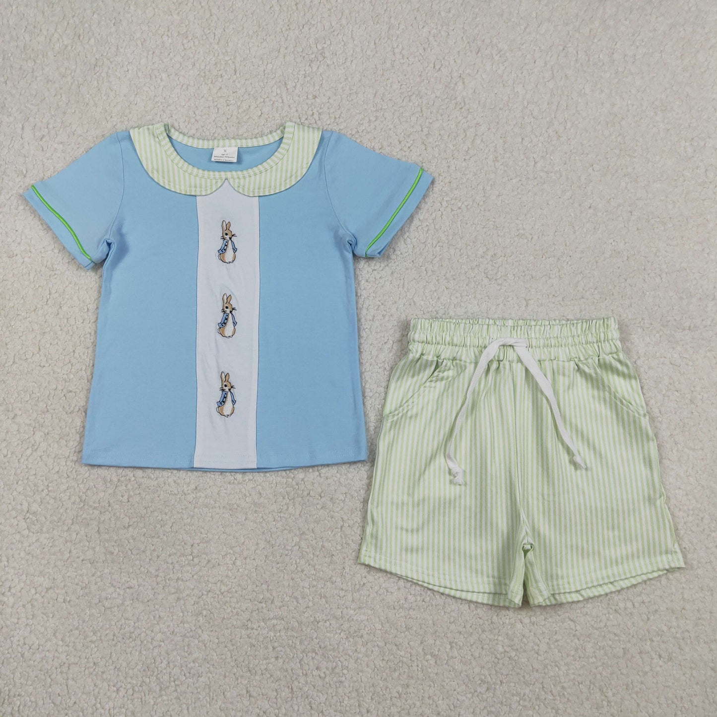 BSSO1564 Embroidered Easter Bunny Green Stripe Doll Collar Short Sleeves Shorts Boys Set 202603 RTS