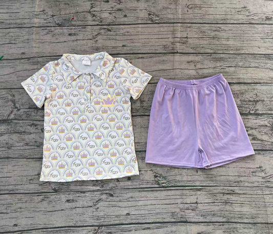 NO MOQ Preorder BSSO1565 Embroidered Mardi Gras Mask Polo Short Sleeves Purple Shorts Boys Set 202511