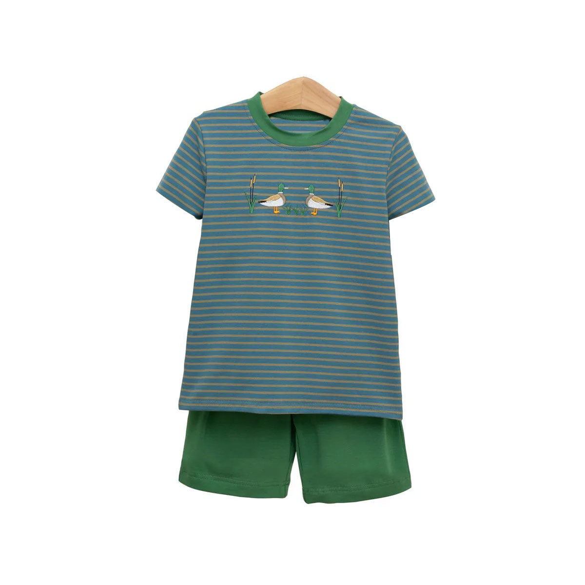 MOQ 8 Preorder BSSO1568 Ducks Dark Green Stripe Short Sleeve Shorts Boys Set 202510