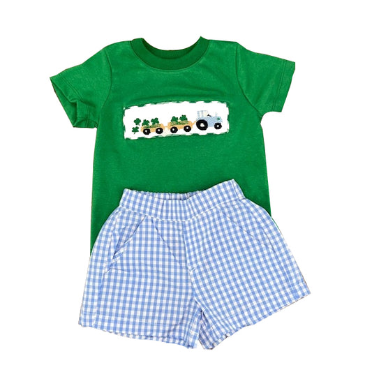 MOQ 5 preorder BSSO1571 Clover Tractor Green Short Sleeve Blue and White Plaid Shorts Boys Set 202510