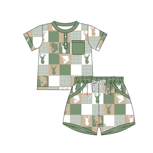 MOQ 5 preorder BSSO1573 Deer Fish Pattern Green Plaid Short Sleeve Shorts Boys Set 202510