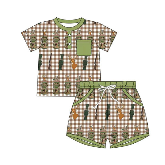 MOQ 5 preorder BSSO1574 Deer Hunting Brown Plaid Green Neck Short Sleeve Shorts Boys Set 202510