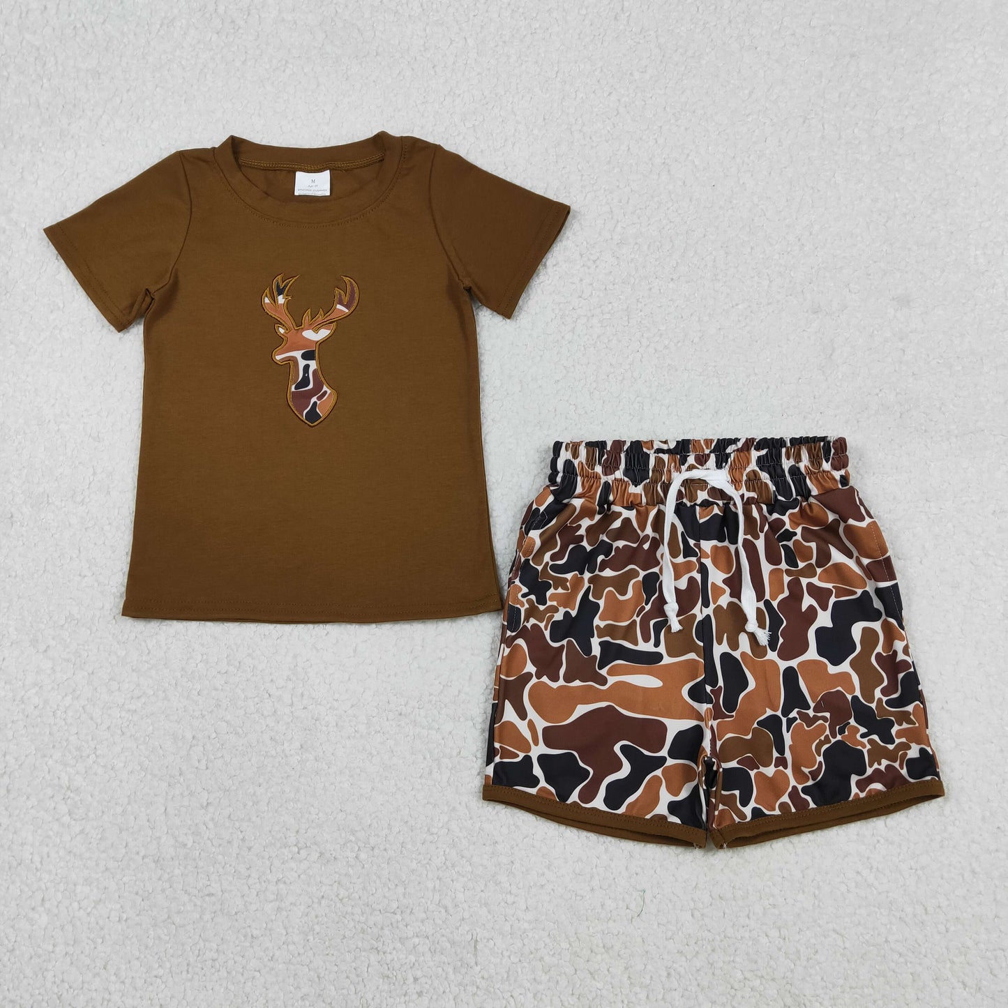 BSSO1575 Embroidered Deer Hunting Camouflage Brown Short Sleeve Shorts Boys Set 202512 RTS