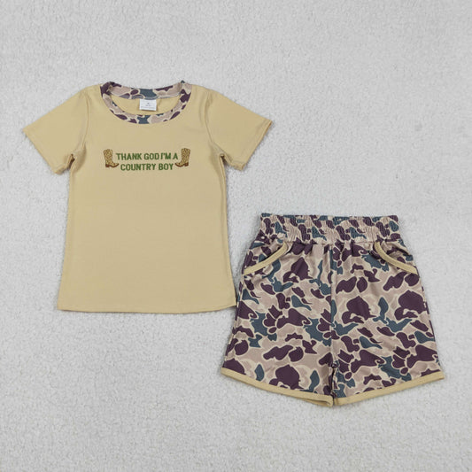 BSSO1577 Embroidered thank god i'm a country boy Boots Camouflage Short Sleeve Shorts Boys Set 202512 RTS