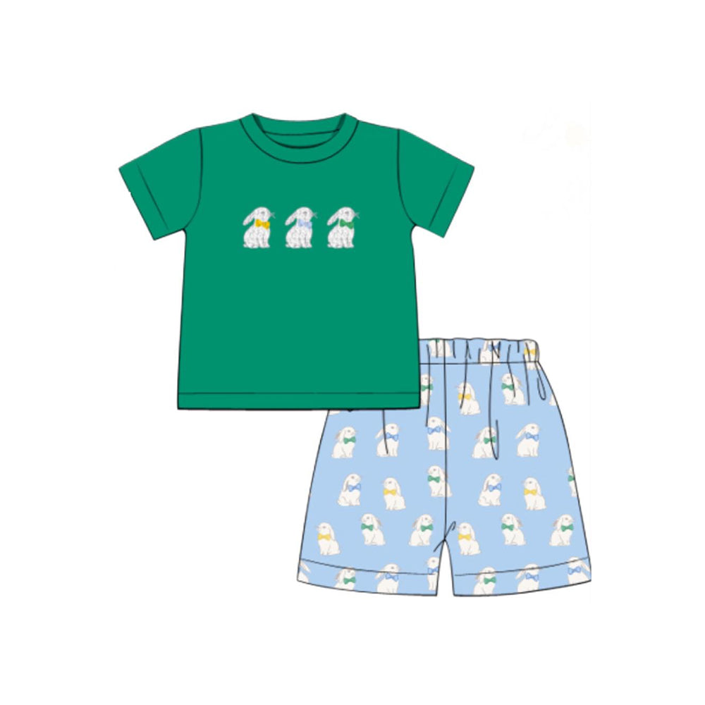 MOQ 5 preorder BSSO1580 Easter Bunny Green Short Sleeve Blue Shorts Boys Set 202510