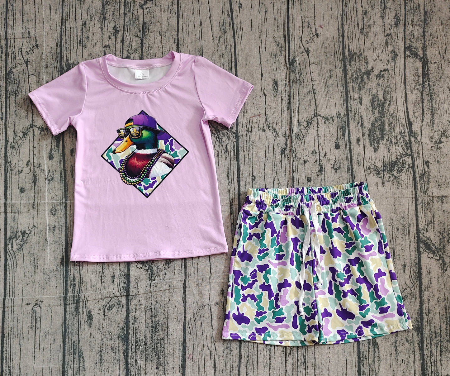 MOQ 5 preorder BSSO1583 Mardi Gras Duck Purple Short Sleeve Camouflage Shorts Boys Set 202510