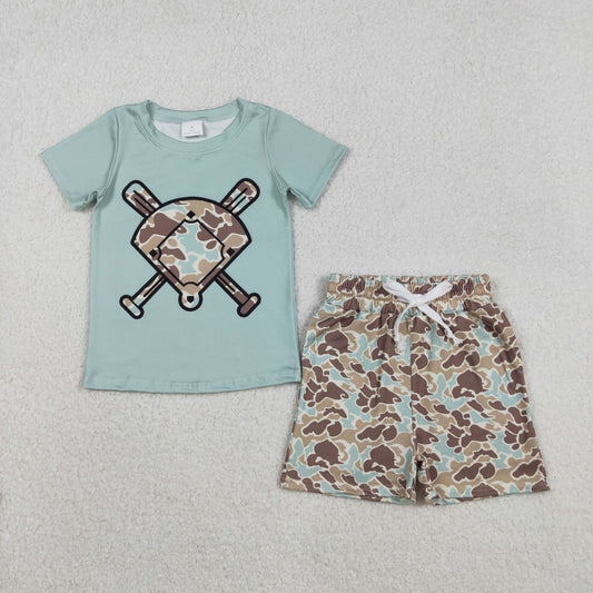 BSSO1590 Blue Green Camouflage Fan Baseball Short Sleeve Shorts Boys Set 202511 RTS