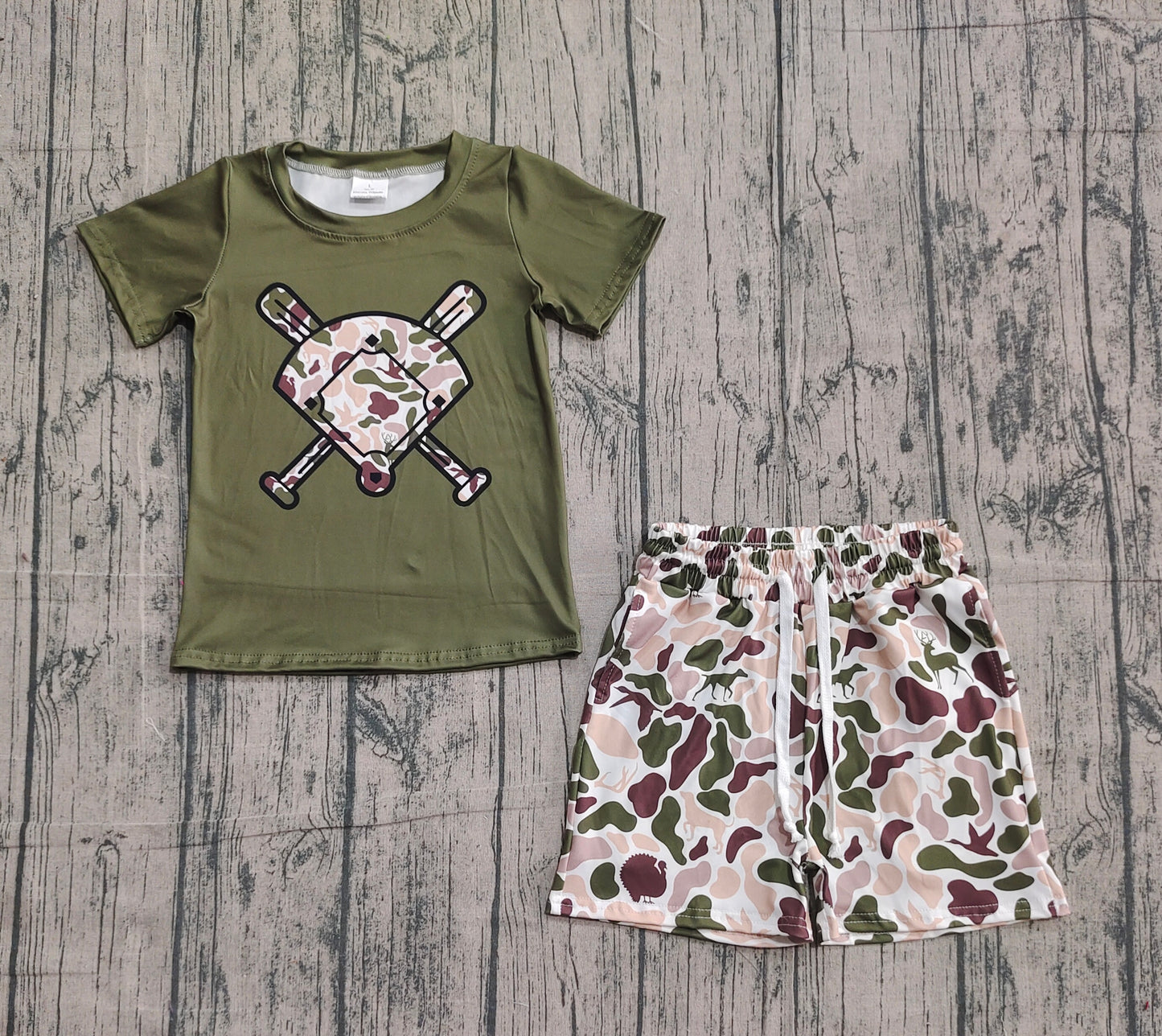NO MOQ preorder BSSO1592 Brown Green Puppy Duck Hunting Camouflage Fan Baseball Short Sleeve Shorts Boys Set 202510