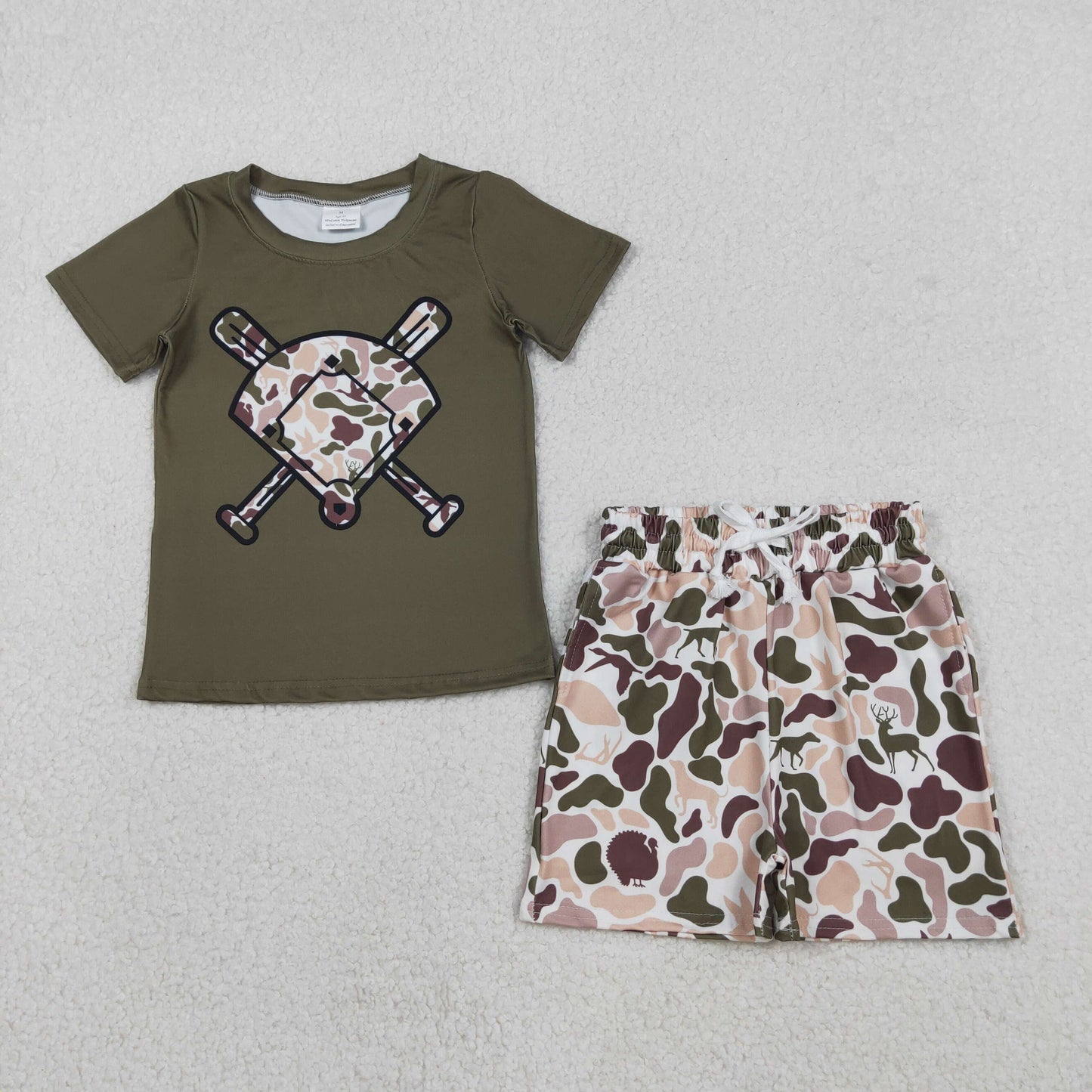 BSSO1592 Brown Green Puppy Duck Hunting Camouflage Fan Baseball Short Sleeve Shorts Boys Set 202512 RTS