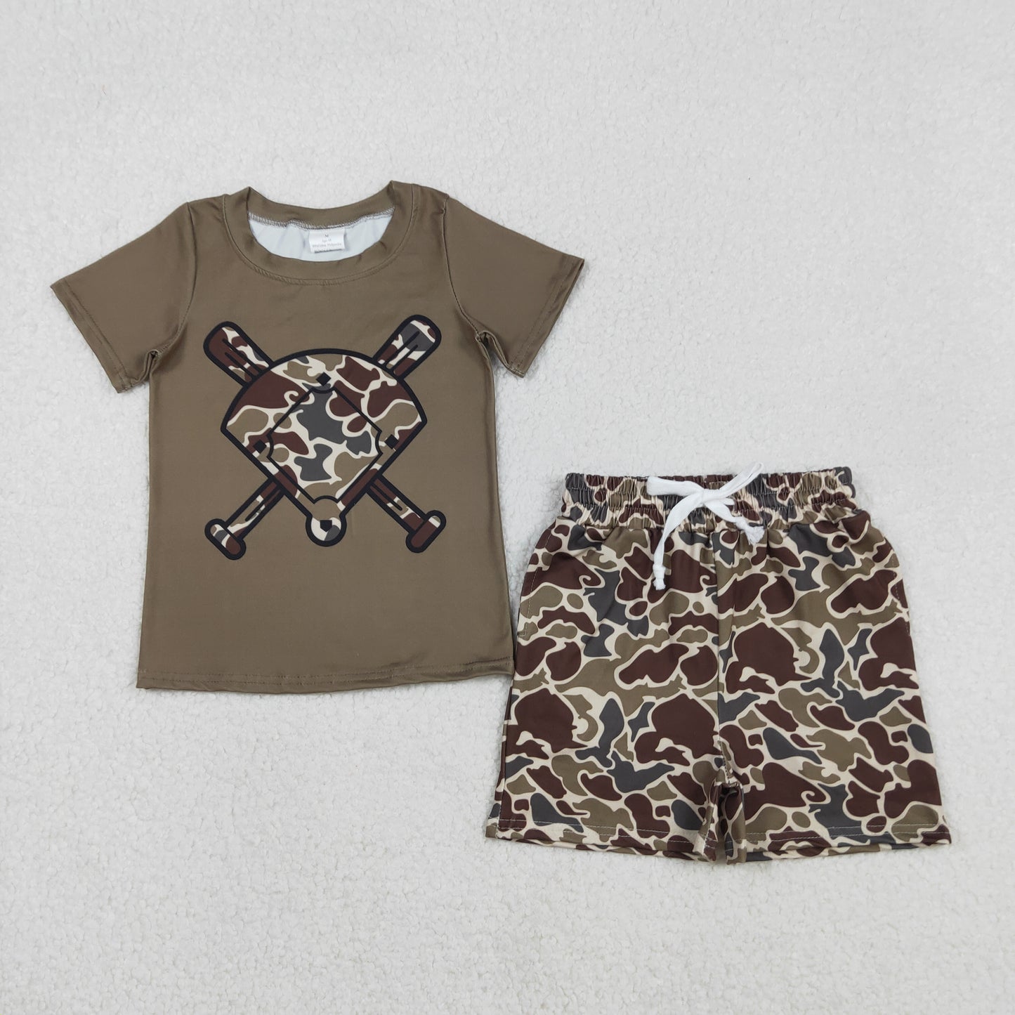 BSSO1593 Dark Army Green Camouflage Fan Baseball Short Sleeve Shorts Boys Set 202511 RTS